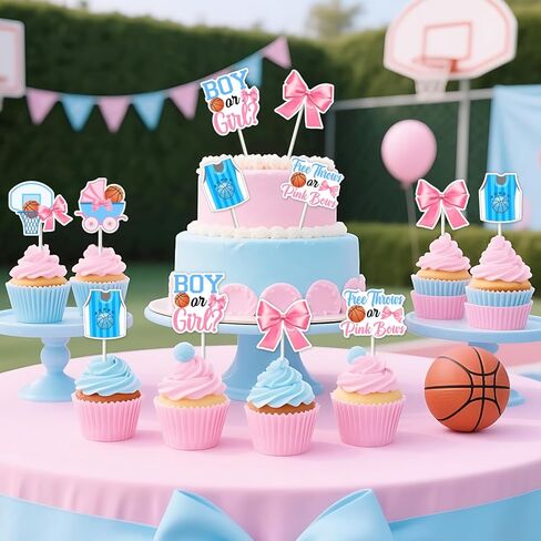 36 Pieces Free Throws or Pink Bows Gender Reveal Cupcake Toppers - Pink Blue Basketball or Bows Gender Reveal Cake Decorations, Double Sided Cupcakes for Sports Themed Baby Shower Party in Kuwait