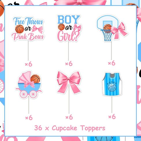 36 Pieces Free Throws or Pink Bows Gender Reveal Cupcake Toppers - Pink Blue Basketball or Bows Gender Reveal Cake Decorations, Double Sided Cupcakes for Sports Themed Baby Shower Party in Kuwait