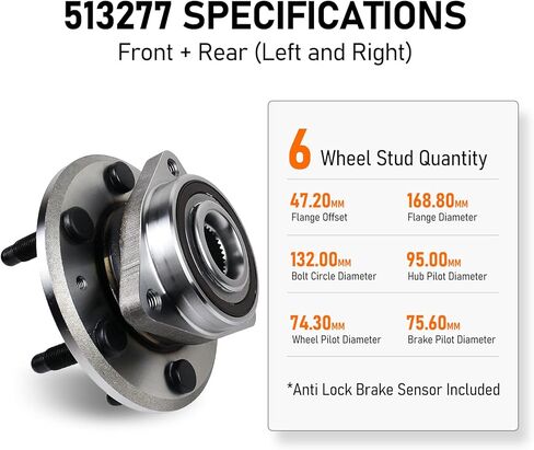 MACEL 513277 Front or Rear Wheel Bearing and Hub Assembly Fit for 09-17 Chevy Traverse, 08-17 Buick Enclave, 07-16 GMC Acadia, 2017 Acadia Limited, 07-10 Saturn Outlook, 6 Lugs w/ABS in Kuwait