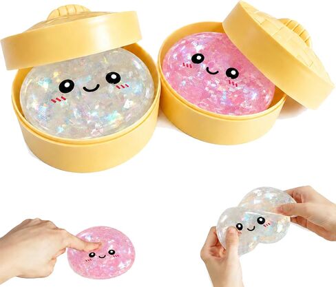 2 Pcs Dumpling Squishies, Colorful Glitter Dumplings Squishy Sensory Fidget Toy, Squeeze Dumpling Stocking Stuffers with Steamer Stretchy Toys for Boys,Girls,Teens in Saudi Arabia