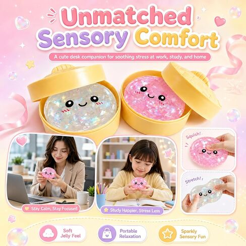 2 Pcs Dumpling Squishies, Colorful Glitter Dumplings Squishy Sensory Fidget Toy, Squeeze Dumpling Stocking Stuffers with Steamer Stretchy Toys for Boys,Girls,Teens in Saudi Arabia