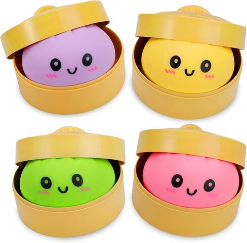 4 Pack Dumpling Squishy Stress Balls, Stress Relief Toys for Adults Boys Girls, Steamer Basket Design and Squeezable Bun with Cute Smile Face, Sensory Fidget Toys for Kids Party Favors Gifts in Saudi Arabia