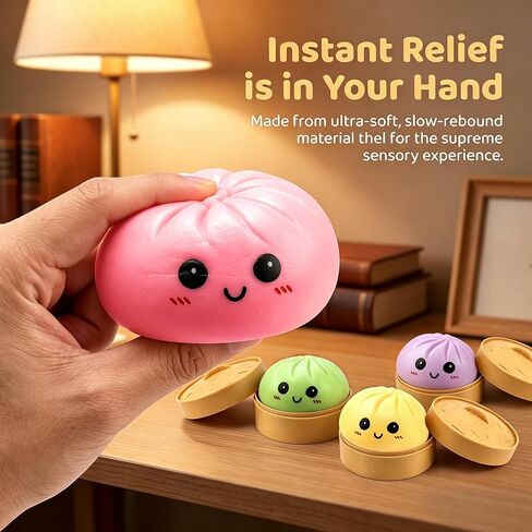 4 Pack Dumpling Squishy Stress Balls, Stress Relief Toys for Adults Boys Girls, Steamer Basket Design and Squeezable Bun with Cute Smile Face, Sensory Fidget Toys for Kids Party Favors Gifts in Saudi Arabia