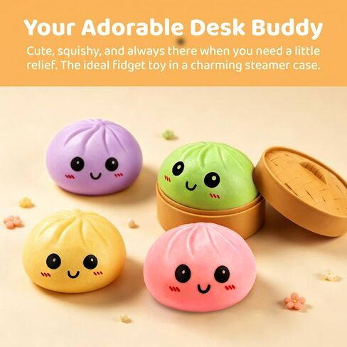 4 Pack Dumpling Squishy Stress Balls, Stress Relief Toys for Adults Boys Girls, Steamer Basket Design and Squeezable Bun with Cute Smile Face, Sensory Fidget Toys for Kids Party Favors Gifts in Saudi Arabia