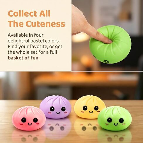 4 Pack Dumpling Squishy Stress Balls, Stress Relief Toys for Adults Boys Girls, Steamer Basket Design and Squeezable Bun with Cute Smile Face, Sensory Fidget Toys for Kids Party Favors Gifts in Saudi Arabia