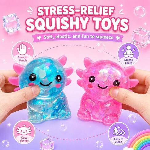 2packs Axolotl Squishy Toy، Glitter Fidget Toys لطيف Axolotl الإجهاد تخفيف الضغط لعبة هدايا للأطفال الشباب البالغين، هدايا الحفلات Squishies Toys (bluepink) in Kuwait