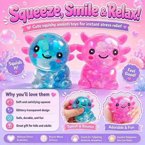 2packs Axolotl Squishy Toy، Glitter Fidget Toys لطيف Axolotl الإجهاد تخفيف الضغط لعبة هدايا للأطفال الشباب البالغين، هدايا الحفلات Squishies Toys (bluepink) in Kuwait