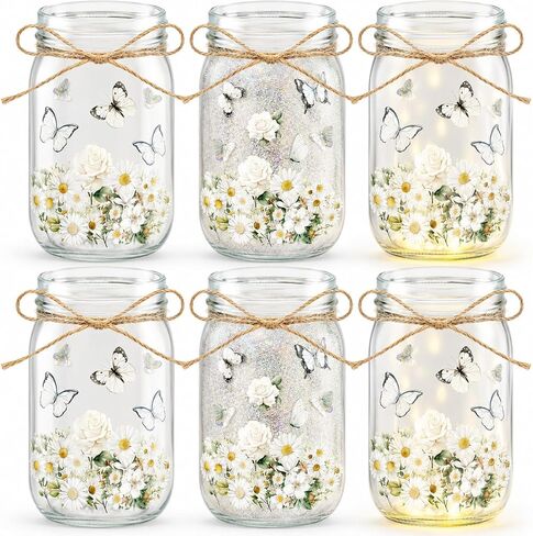 Cinrobiye 6 مجموعة DIY Mason Jar Lantern Craft Kit مع أضواء LED، زخارف الفراشة والزهور، ديكور طاولة مصنوع يدويًا لديكور المنزل وحفلات الزفاف in Kuwait