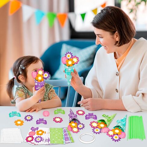 80UncleKimby 32PCS Mothers Day Crafts for Kids Flower Bouquet Kit DIY Teacher Appreciation Week Thankful Gift School Classroom Activities(Green Blue Purple Paper) in Kuwait