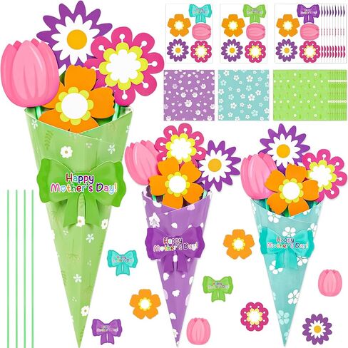 80UncleKimby 32PCS Mothers Day Crafts for Kids Flower Bouquet Kit DIY Teacher Appreciation Week Thankful Gift School Classroom Activities(Green Blue Purple Paper) in Kuwait