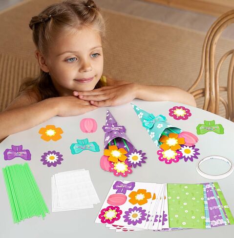 80UncleKimby 32PCS Mothers Day Crafts for Kids Flower Bouquet Kit DIY Teacher Appreciation Week Thankful Gift School Classroom Activities(Green Blue Purple Paper) in Kuwait