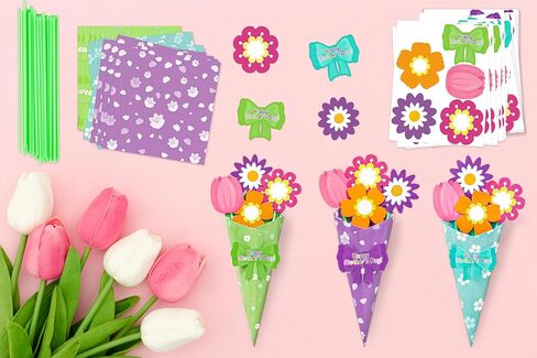 80UncleKimby 32PCS Mothers Day Crafts for Kids Flower Bouquet Kit DIY Teacher Appreciation Week Thankful Gift School Classroom Activities(Green Blue Purple Paper) in Kuwait