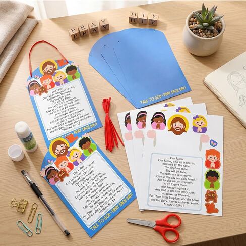 Motipuns 24 مجموعة من أدوات الصلاة الربانية للأطفال DIY زخارف لافتات دينية معلقة مع ملصقات وخيوط حمراء لمدرسة الأحد VBS حرف الكتاب المقدس للفصل الدراسي أو نشاط الحفلات المسيحية in Kuwait