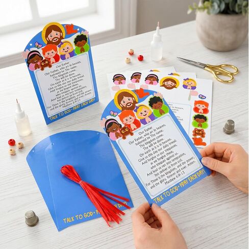 Motipuns 24 مجموعة من أدوات الصلاة الربانية للأطفال DIY زخارف لافتات دينية معلقة مع ملصقات وخيوط حمراء لمدرسة الأحد VBS حرف الكتاب المقدس للفصل الدراسي أو نشاط الحفلات المسيحية in Kuwait