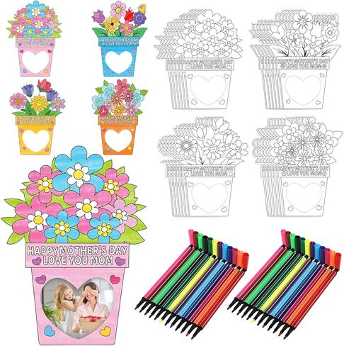 Qpout 24 Pack Mothers Day DIY Flower Photo Frame Craft Kits for Kids with 24 Watercolor Pens Paper Picture Frame Decorating Kit for Classroom Activities Party Crafts and Mothers Day Gifts in Kuwait
