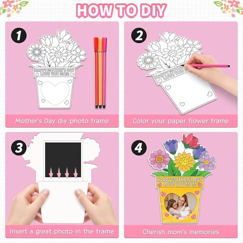 Qpout 24 Pack Mothers Day DIY Flower Photo Frame Craft Kits for Kids with 24 Watercolor Pens Paper Picture Frame Decorating Kit for Classroom Activities Party Crafts and Mothers Day Gifts in Kuwait