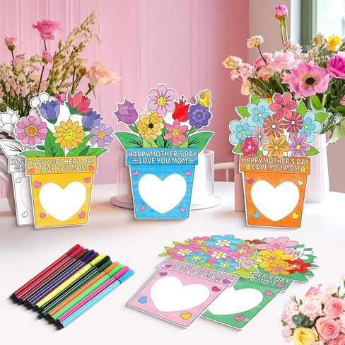 Qpout 24 Pack Mothers Day DIY Flower Photo Frame Craft Kits for Kids with 24 Watercolor Pens Paper Picture Frame Decorating Kit for Classroom Activities Party Crafts and Mothers Day Gifts in Kuwait