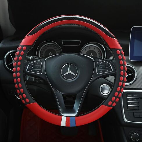 Bus Steering Wheel Cover Universal with Grip Contours forTruck, Big Rig Trucker,SUV, Cargo Carbon Fiber Anti-Slip Breathable Durable Leather Automotive Interior Accessorie (Red, 17.5-18) in Saudi Arabia