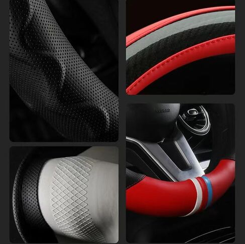 Bus Steering Wheel Cover Universal with Grip Contours forTruck, Big Rig Trucker,SUV, Cargo Carbon Fiber Anti-Slip Breathable Durable Leather Automotive Interior Accessorie (Red, 17.5-18) in Saudi Arabia