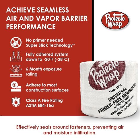 Protecto Wrap Universal Primer-Free Membrane – Self-Adhesive Waterproof Flashing for Wood, CMU, OSB, and Foam Board – Seals Skirt Board-Foundation Interface and Acts as Air & Vapor Barrier – 4" x 50' in Kuwait