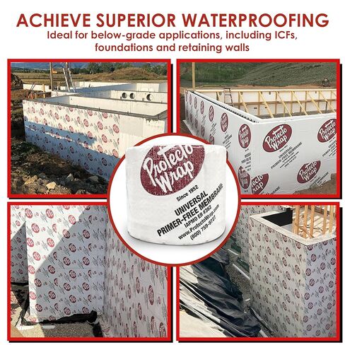 Protecto Wrap Universal Primer-Free Membrane – Self-Adhesive Waterproof Flashing for Wood, CMU, OSB, and Foam Board – Seals Skirt Board-Foundation Interface and Acts as Air & Vapor Barrier – 4" x 50' in Kuwait