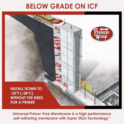Protecto Wrap Universal Primer-Free Membrane – Self-Adhesive Waterproof Flashing for Wood, CMU, OSB, and Foam Board – Seals Skirt Board-Foundation Interface and Acts as Air & Vapor Barrier – 4" x 50' in Kuwait