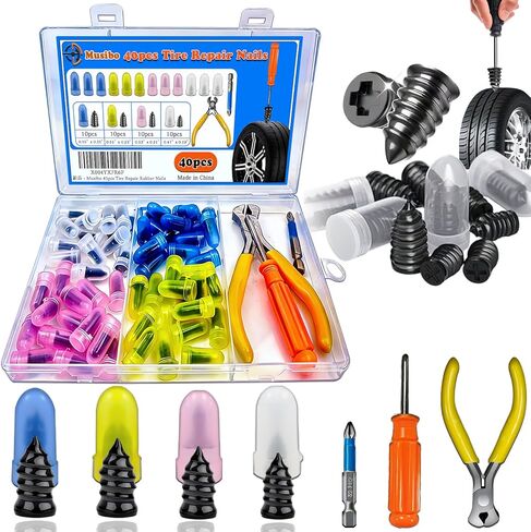 40Pcs Tire Repair Rubber Nails Kit with 4 Sizes, Vacuum Tire Repair Rubber Nail, Screw in Tire Repair Plugs, Tire Rubber Nails Tool, Quick Self-Service Tire Repair Tools for Car, Motorcycle, Truck in Saudi Arabia