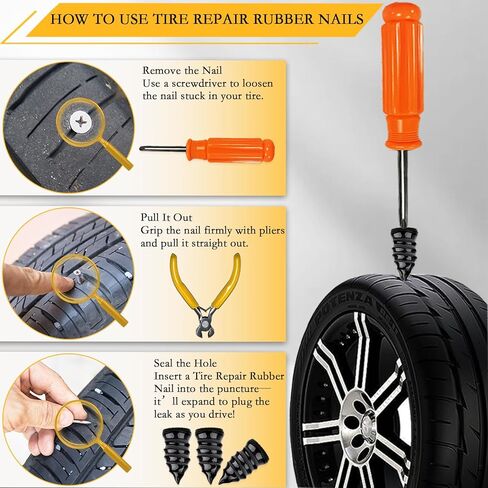 40Pcs Tire Repair Rubber Nails Kit with 4 Sizes, Vacuum Tire Repair Rubber Nail, Screw in Tire Repair Plugs, Tire Rubber Nails Tool, Quick Self-Service Tire Repair Tools for Car, Motorcycle, Truck in Saudi Arabia