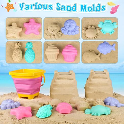 Collapsible Beach Toys for Kids, 3 Pack Foldable Sand Buckets and Shovels Set with Mesh Bag, Silicone Pails Shovels Molds, Sandbox Travel Sand Toys for Beach Essentials for Toddlers Kids Age 3-10 in Saudi Arabia