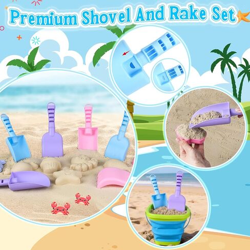Collapsible Beach Toys for Kids, 3 Pack Foldable Sand Buckets and Shovels Set with Mesh Bag, Silicone Pails Shovels Molds, Sandbox Travel Sand Toys for Beach Essentials for Toddlers Kids Age 3-10 in Saudi Arabia