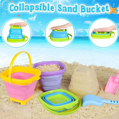 Collapsible Beach Toys for Kids, 3 Pack Foldable Sand Buckets and Shovels Set with Mesh Bag, Silicone Pails Shovels Molds, Sandbox Travel Sand Toys for Beach Essentials for Toddlers Kids Age 3-10 in Saudi Arabia