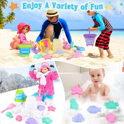 Collapsible Beach Toys for Kids, 3 Pack Foldable Sand Buckets and Shovels Set with Mesh Bag, Silicone Pails Shovels Molds, Sandbox Travel Sand Toys for Beach Essentials for Toddlers Kids Age 3-10 in Saudi Arabia