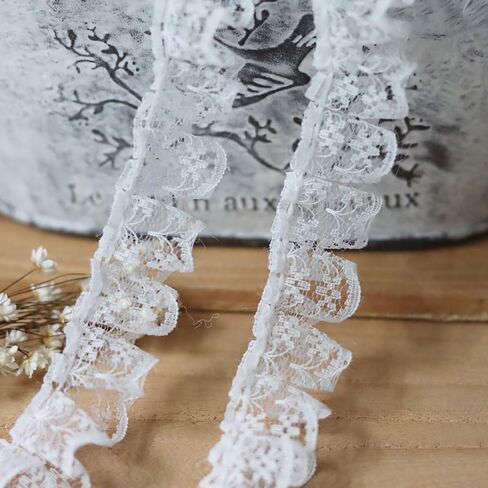 White 10 Meters Pleated Organza Lace Edge Gathered Mesh Trim Ribbon 2 cm Width Vintage Style Edging Trimmings Fabric Embroidered Applique Sewing Craft Wedding Bridal Dress Embellishment DIY Decor in Saudi Arabia