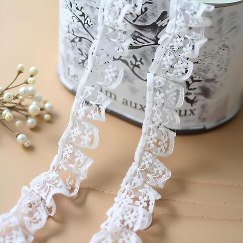 White 10 Meters Pleated Organza Lace Edge Gathered Mesh Trim Ribbon 2 cm Width Vintage Style Edging Trimmings Fabric Embroidered Applique Sewing Craft Wedding Bridal Dress Embellishment DIY Decor in Saudi Arabia