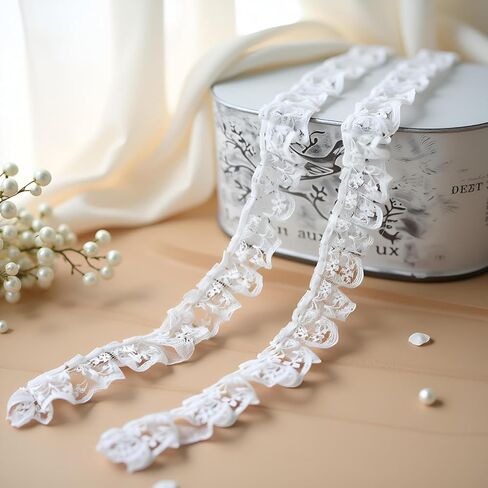 White 10 Meters Pleated Organza Lace Edge Gathered Mesh Trim Ribbon 2 cm Width Vintage Style Edging Trimmings Fabric Embroidered Applique Sewing Craft Wedding Bridal Dress Embellishment DIY Decor in Saudi Arabia