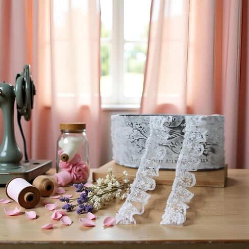 White 10 Meters Pleated Organza Lace Edge Gathered Mesh Trim Ribbon 2 cm Width Vintage Style Edging Trimmings Fabric Embroidered Applique Sewing Craft Wedding Bridal Dress Embellishment DIY Decor in Saudi Arabia