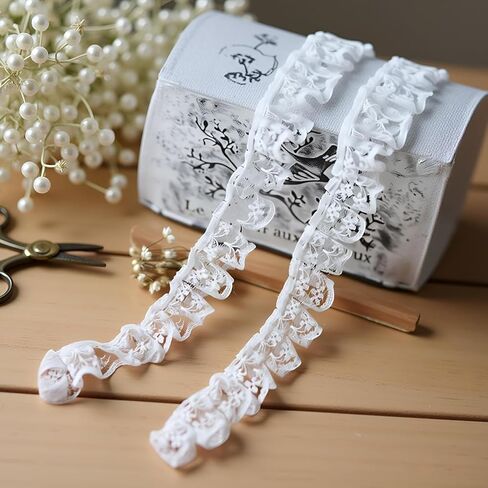 White 10 Meters Pleated Organza Lace Edge Gathered Mesh Trim Ribbon 2 cm Width Vintage Style Edging Trimmings Fabric Embroidered Applique Sewing Craft Wedding Bridal Dress Embellishment DIY Decor in Saudi Arabia
