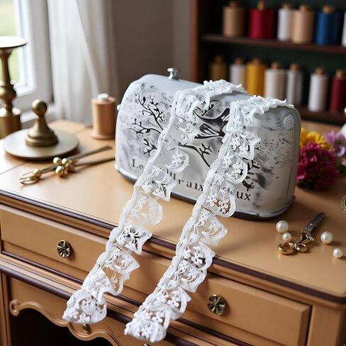 White 10 Meters Pleated Organza Lace Edge Gathered Mesh Trim Ribbon 2 cm Width Vintage Style Edging Trimmings Fabric Embroidered Applique Sewing Craft Wedding Bridal Dress Embellishment DIY Decor in Saudi Arabia