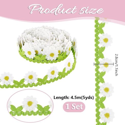 PH PandaHall 5 Yards Daisy Flower Ribbon, 1-1/8 inch Embossing Border Embroidery Flower Lace Trim Ribbon for Gift Wrapping Clothing Sewing Crafts Dress Hair Band Bridal Wedding Decoration in Kuwait