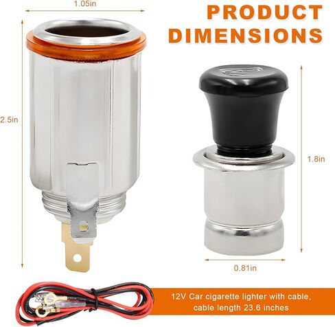 Car Cigarette Lighter with Cable, DC 12V Cigarette Lighter Socket Replacement with Eject Button, Pop-Out Metal Female Power Outlet Socket Suitable for Cars Trucks SUVs in Kuwait