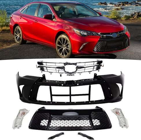 Complete Front Bumper Assembly Fit For 2015 2016 2017 Toyota Camry SE Front Bumper Cover With Support Brackets+ Upper & Lower Grille + Daytime Running Turn Signal Lights 7pcs Kit Replacement in Kuwait