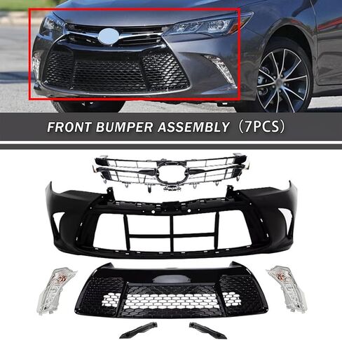 Complete Front Bumper Assembly Fit For 2015 2016 2017 Toyota Camry SE Front Bumper Cover With Support Brackets+ Upper & Lower Grille + Daytime Running Turn Signal Lights 7pcs Kit Replacement in Kuwait