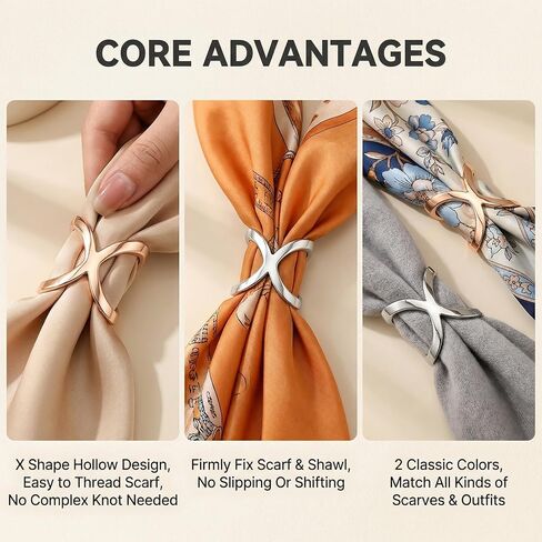 Happyupcity 2Pcs Womens X Shaped Scarf Ring Buckle Silk Scarf Clasp Clips Clothing Wrap Holder Clothing Decoration Accessories for T-Shirt Shawl Neckerchief (Gold+Silver) in Kuwait