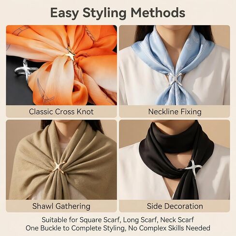Happyupcity 2Pcs Womens X Shaped Scarf Ring Buckle Silk Scarf Clasp Clips Clothing Wrap Holder Clothing Decoration Accessories for T-Shirt Shawl Neckerchief (Gold+Silver) in Kuwait