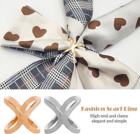 Happyupcity 2Pcs Womens X Shaped Scarf Ring Buckle Silk Scarf Clasp Clips Clothing Wrap Holder Clothing Decoration Accessories for T-Shirt Shawl Neckerchief (Gold+Silver) in Kuwait