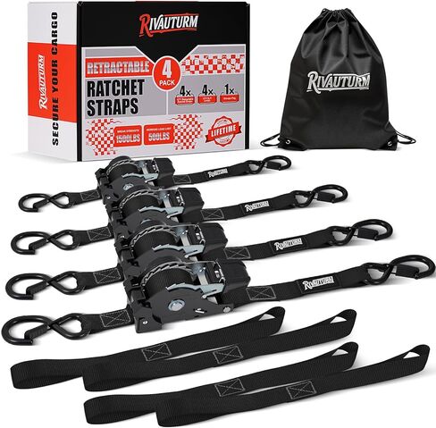 4 Pack Retractable Ratchet Straps with S Hooks, 1 Inch x 12 Feet(1500LBS Break Strength) Heavy Duty Auto Self Retracting Tie Down Straps for Truck, Cargo Trailer, Motorcycle, ATV, UTV & More -Orange in Saudi Arabia