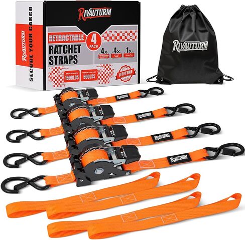 4 Pack Retractable Ratchet Straps with S Hooks, 1 Inch x 12 Feet(1500LBS Break Strength) Heavy Duty Auto Self Retracting Tie Down Straps for Truck, Cargo Trailer, Motorcycle, ATV, UTV & More -Orange in Saudi Arabia