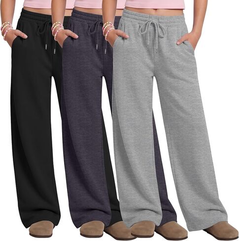 3 Pack Girls' Sweatpants Wide Leg Drawstring Athletic Pants Kids Elastic Waist Baggy Casual Joggers with Pockets in Saudi Arabia