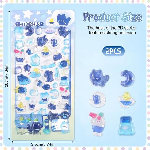 Psiriol 2Pcs 3D Cartoon Thick Puffy Stickers, Cute Blue Kitten Animal Theme Soft Stickers, Kawaii Mini Puffy 3D Reusable Tiny Patch for Scrapbooks Planner Journals Laptops Phone Case Decoration in Saudi Arabia