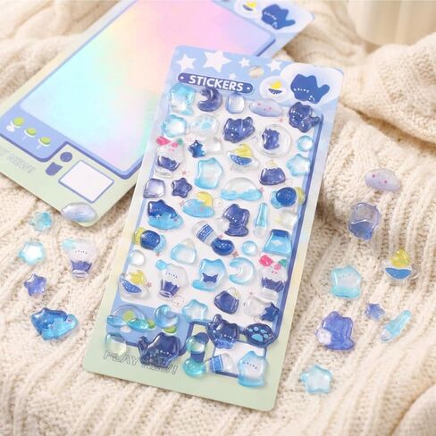 Psiriol 2Pcs 3D Cartoon Thick Puffy Stickers, Cute Blue Kitten Animal Theme Soft Stickers, Kawaii Mini Puffy 3D Reusable Tiny Patch for Scrapbooks Planner Journals Laptops Phone Case Decoration in Saudi Arabia